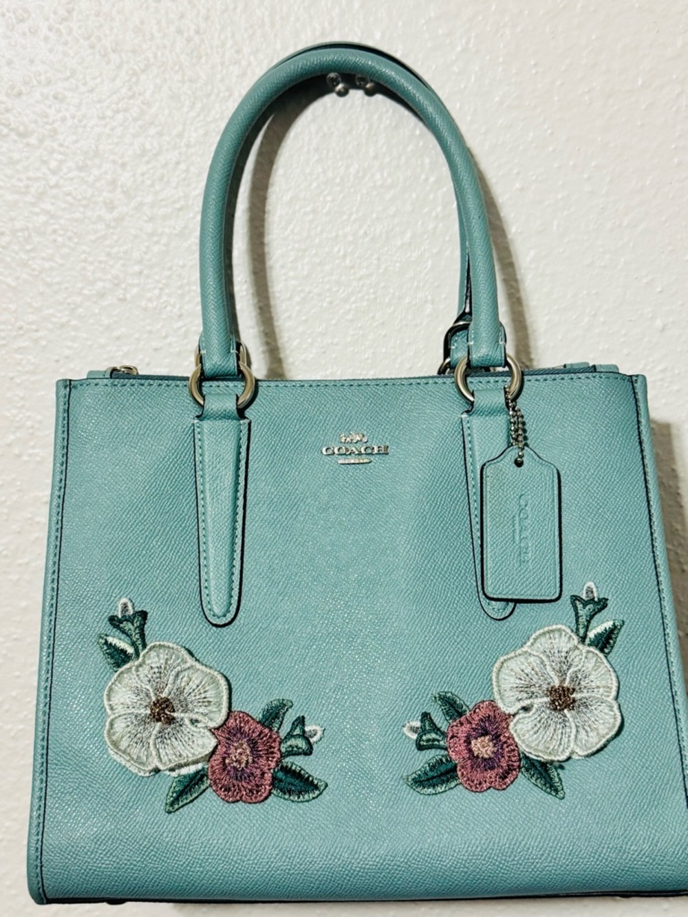 COACH Light Blue  Floral Applique Leather Satchel with Top Handles - Picture 3 of 16